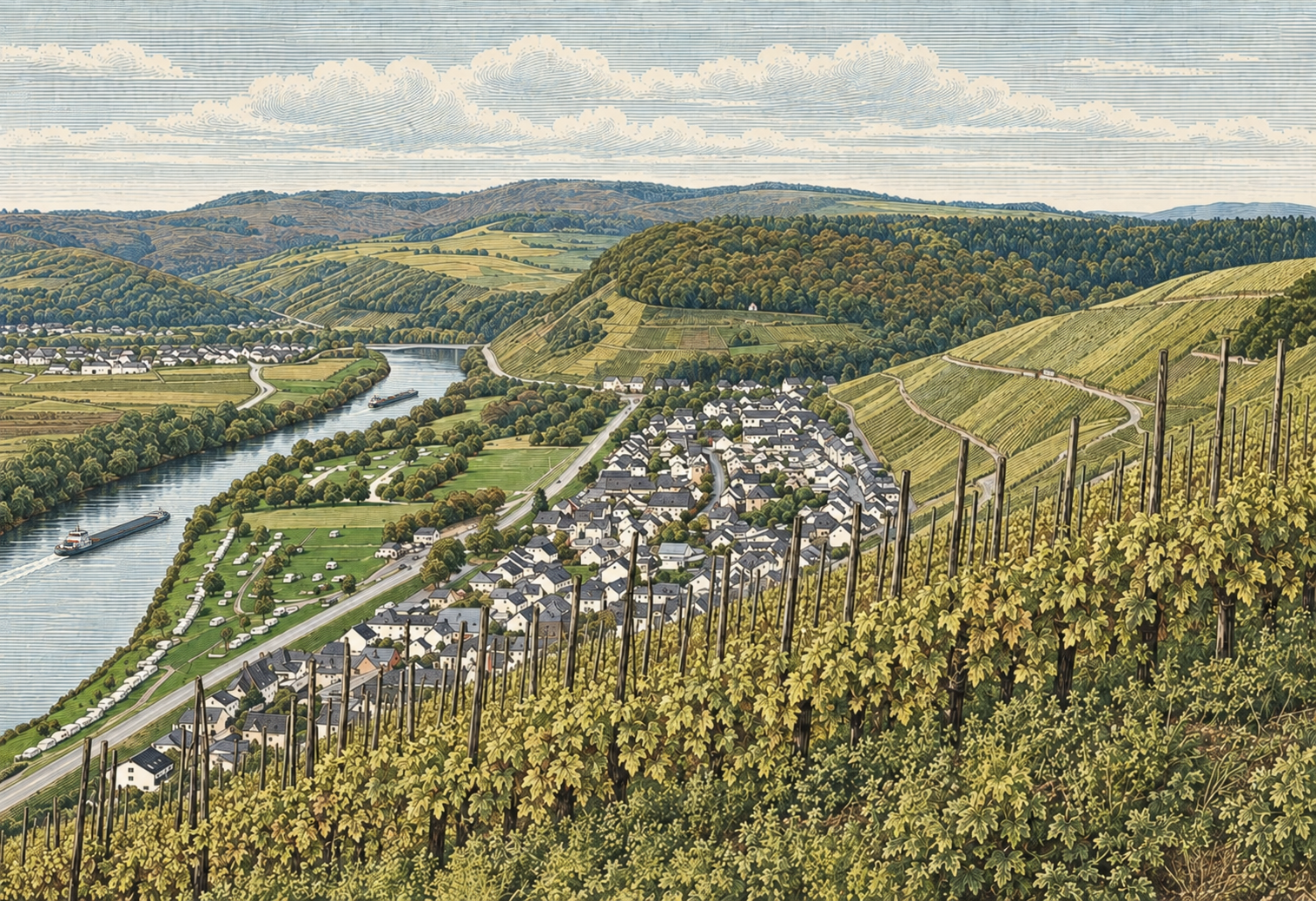 Kolorierter Stich einer Flussschleife mit zwei Frachtschiffen, einem Dorf und steilen Weinbergen